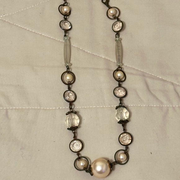 Faux Pearl & Clear Bead Several Sizes Necklace w/Dark Brown Chain Vintage - Picture 1 of 9